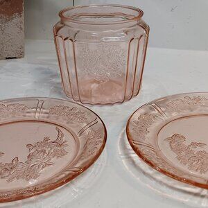 Vintage Anchor Hocking Mayfair Rose Pink Depression Glass Jar & 2 Plates
